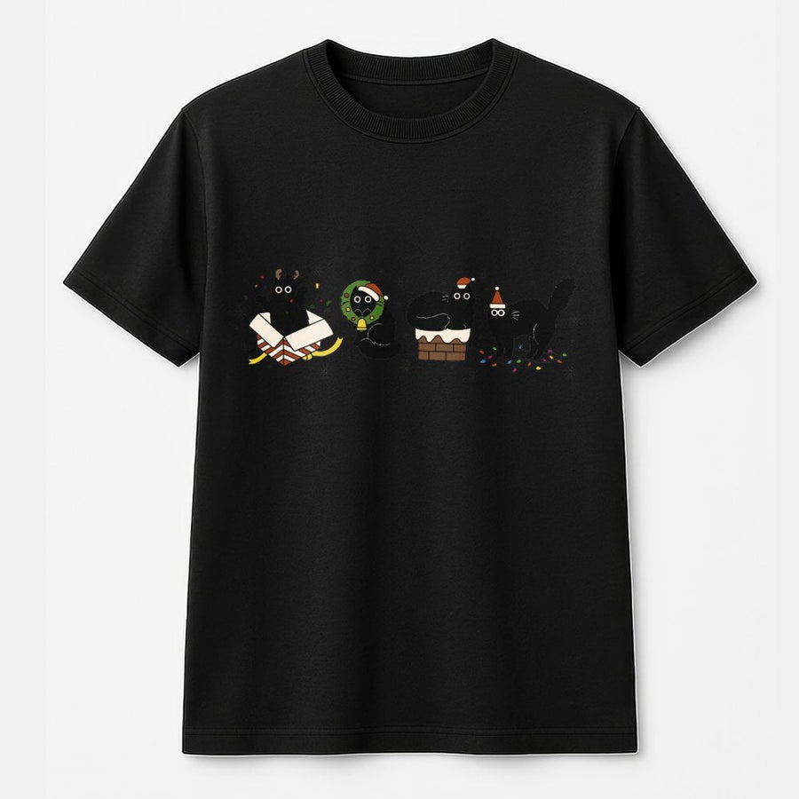 Christmas Black Cat T-Shirt | Cute Festive Holiday Kitten Graphic | 100% Cotton Premium Comfort Tee | Cat Mom Gift Holiday Season Apparel