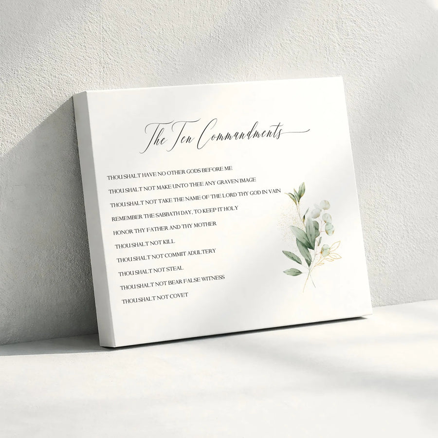 Ten Commandments Wall Art | Minimalist Eucalyptus Scripture Print | Premium Gallery Canvas | Christian Home Decor Gift
