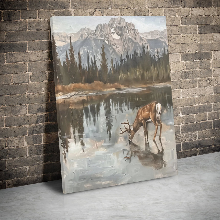 Mountain Deer Canvas Print | Serene Lake Forest Wildlife Wall Art | Gallery Wrapped Premium Decor | Nature Lover Cabin Gift