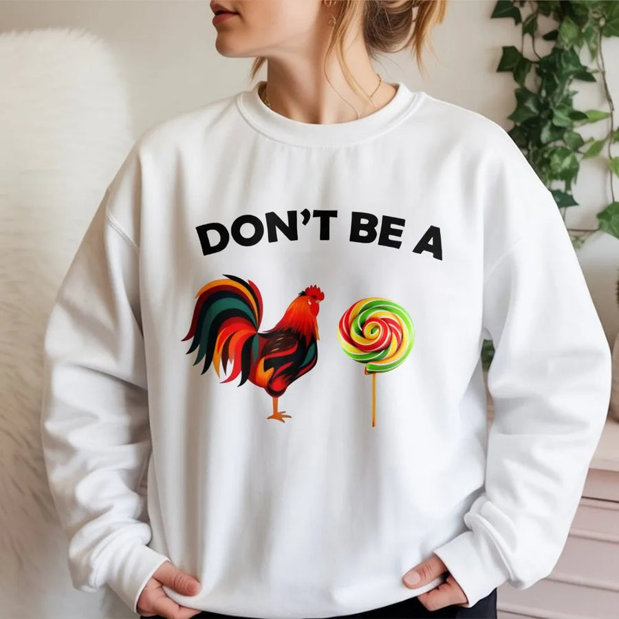 Funny Rooster Lollipop Sweatshirt | Sarcastic Pun Graphic Design | Soft Cotton-Blend Crewneck | Trendy Humor Gift For Him And Her