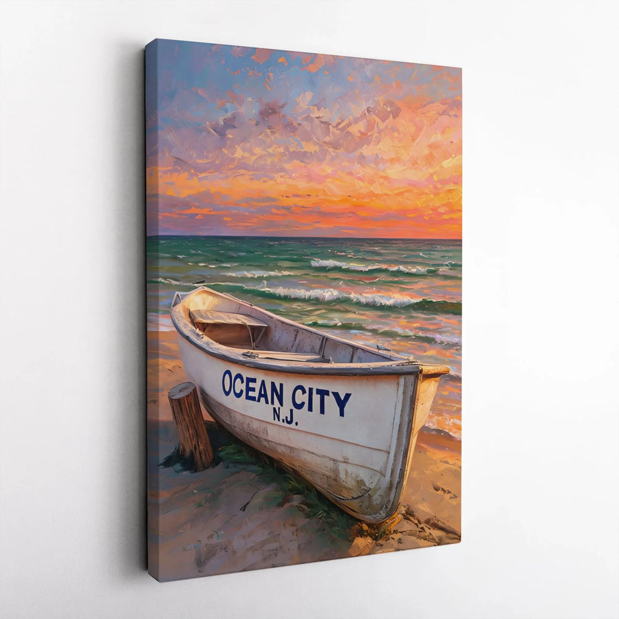 Ocean City NJ Beach Canvas | Coastal Sunset Rowboat Wall Art | Premium Gallery Wrap Decor | New Jersey Shore Souvenir Gift