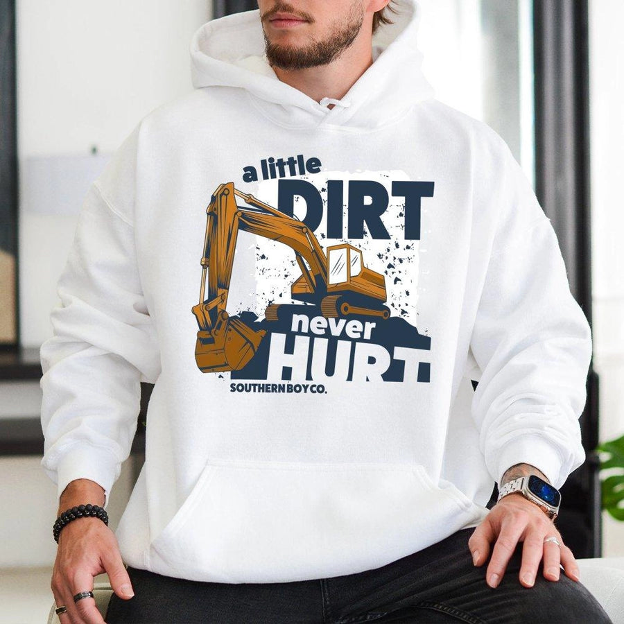 Excavator Hoodie | A Little Dirt Never Hurt Graphic Design | Premium Cotton Blend | Gift For Construction Fans, Boys, and Heavy Equipment Lovers