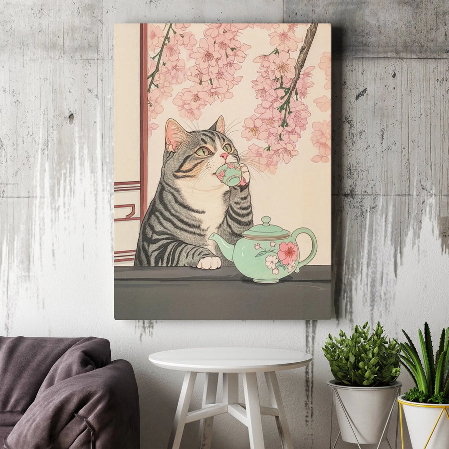 Japanese Cat Canvas Wall Art | Ukiyo-e Style Tabby Drinking Tea | Premium Gallery Wrap Decor | Unique Gift for Cat Lovers & Asian Art Fans