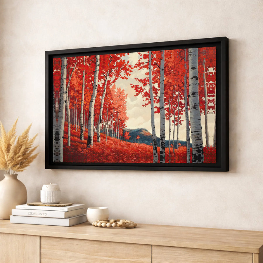 Autumn Birch Tree Canvas Wall Art | Vibrant Red Forest Landscape Print | Premium 1.25" Gallery Wrap | Modern Home & Office Decor Gift