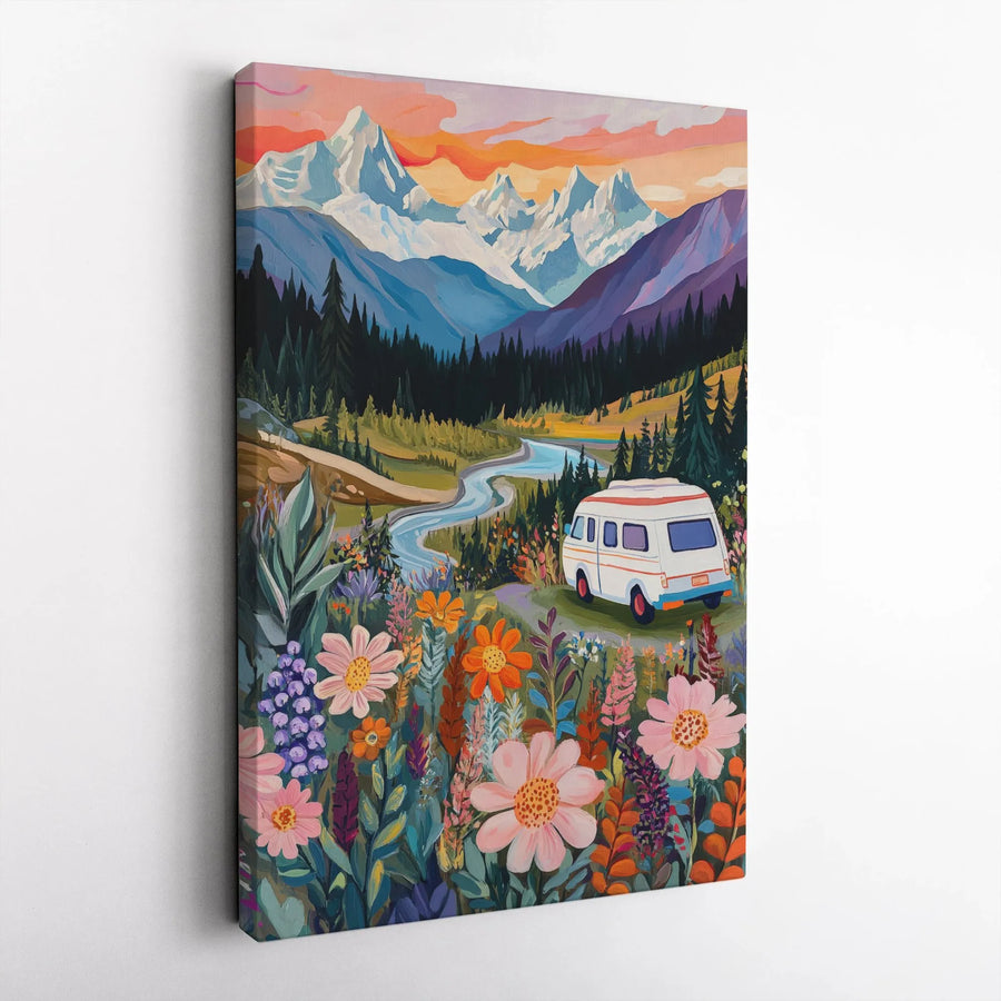 Camper Van Wall Art | Wildflower Mountain Landscape Print | Premium 1.25" Gallery Canvas | Nature Lover Gift for Home Decor