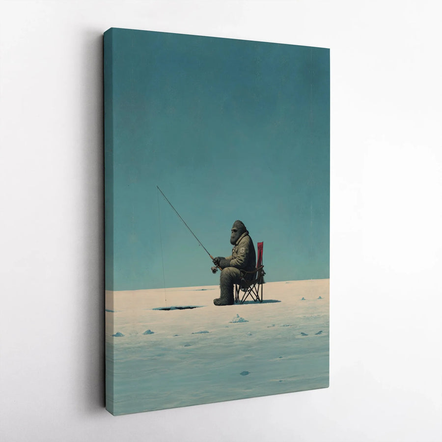 Bigfoot Ice Fishing Canvas Wall Art | Funny Sasquatch Winter Landscape | Premium Gallery Wrapped Decor | Unique Outdoorsman Gift for Him