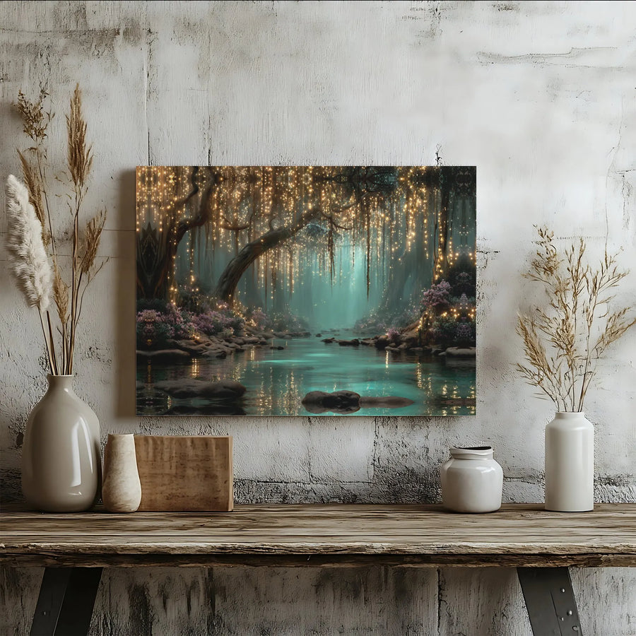 Enchanted Forest Canvas Wall Art | Magical River with Glowing Fairy Lights | Premium Thick Gallery Canvas | Living Room & Bedroom Decor Gift