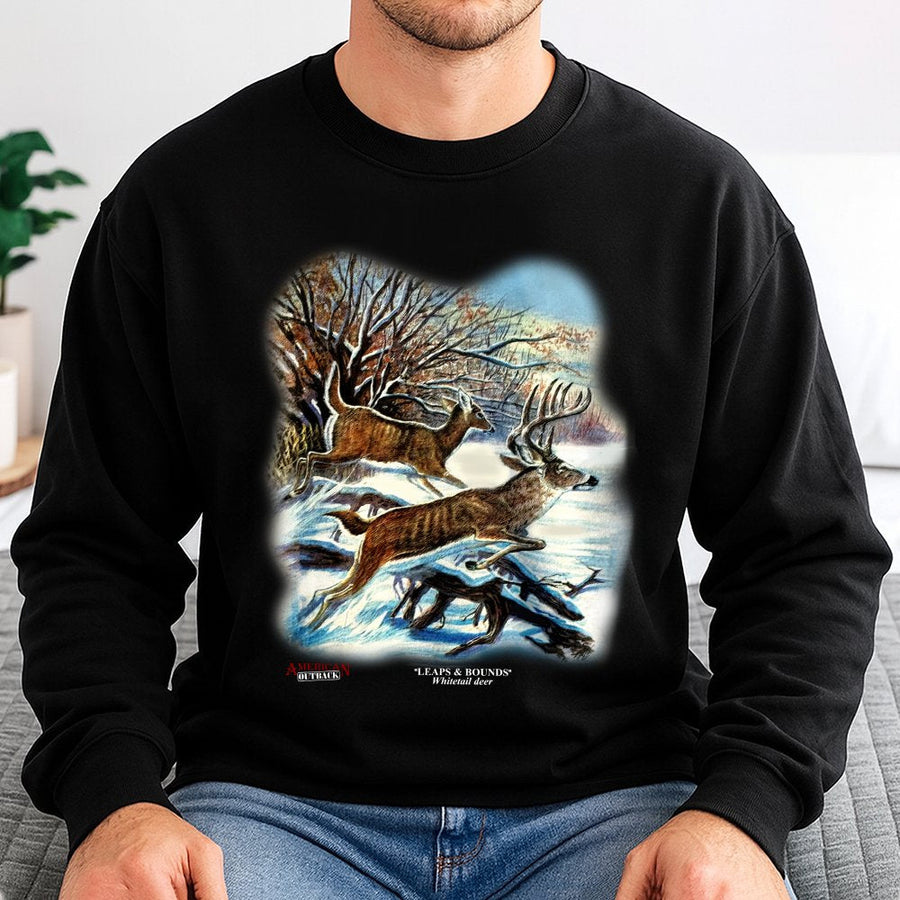 Whitetail Deer Sweatshirt | Vintage Style Leaps and Bounds Graphic | Premium Cotton Blend Crewneck | Wildlife Lover Gift for Men and Women