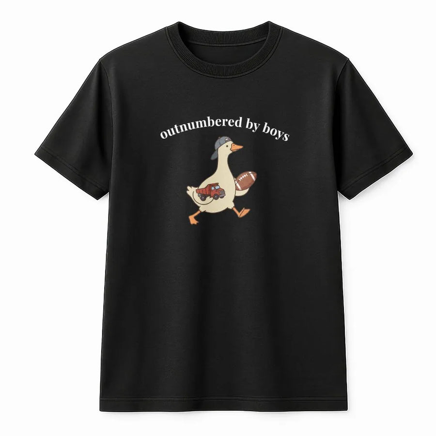 Outnumbered By Boys T-Shirt | Funny Goose Mom Life Graphic | Soft Cotton Blend Crewneck | Humorous Gift for Mom of Boys