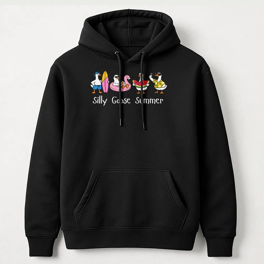 Silly Goose Summer Hoodie | Cute Cartoon Beach Geese Graphic | Soft Unisex Pullover | Funny Novelty Gift for Goose Lovers