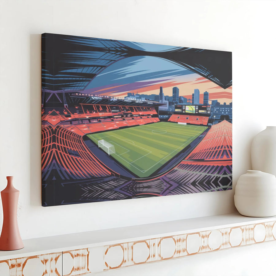 Soccer Stadium Canvas Print | Modern Sunset City Skyline Art | Premium Gallery Wrap Wall Decor | Gift For Sports Fans & Office Decor