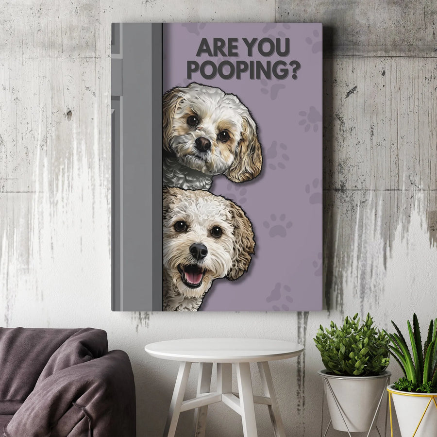 Funny Dog Bathroom Canvas Art | 'Are You Pooping?' Peeking Pups Design | Premium Thick Gallery Wrap | Humorous Wall Decor Gift for Dog Lovers