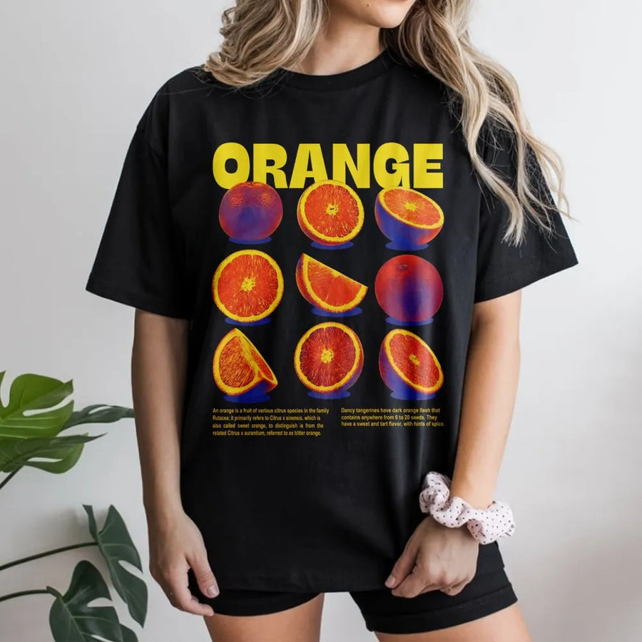 Orange Fruit Botanical T-Shirt | Retro Citrus Infographic Graphic Tee | Premium Cotton Streetwear | Unique Foodie Gift For Fruit Lovers