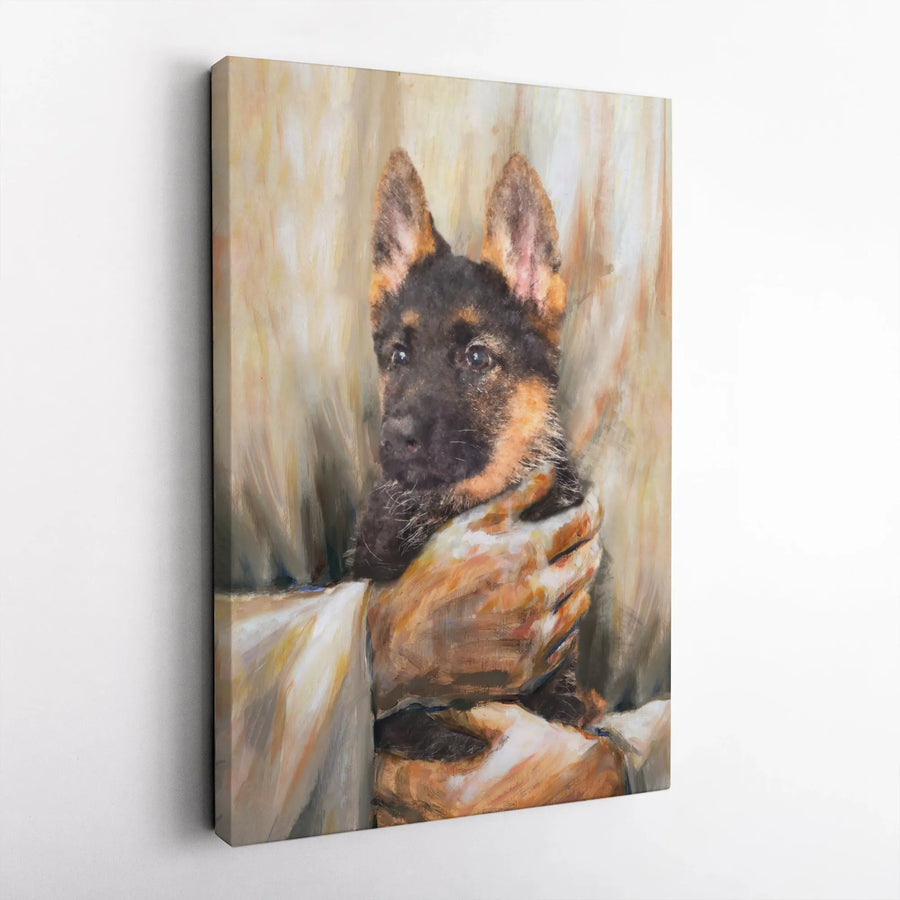 Jesus Holding German Shepherd Puppy Canvas | Religious Christian Wall Art | Premium Fade-Resistant Print | Spiritual Home Decor Gift