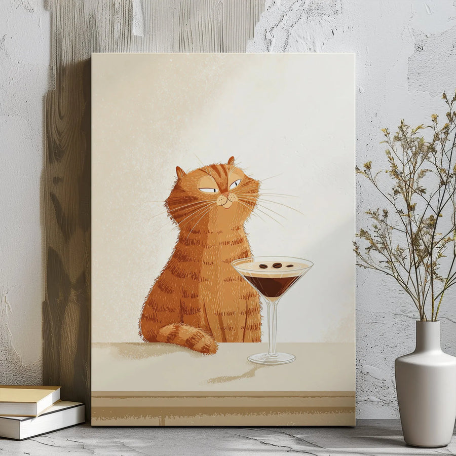Smug Orange Cat Wall Art | Espresso Martini Illustration | Premium Gallery Wrap Canvas | Funny Kitchen Bar Decor Gift for Cat Lovers