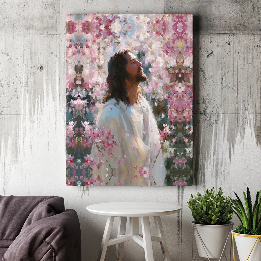 Jesus Christ Canvas Wall Art | Painterly Portrait with Pink Cherry Blossoms | Premium Gallery Wrapped Canvas | Spiritual Gift for Christian Home