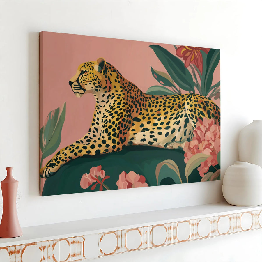 Leopard Canvas Wall Art | Tropical Jungle Cat & Floral Painting | Premium 1.25" Thick Canvas | Boho Bedroom Decor Gift for Her