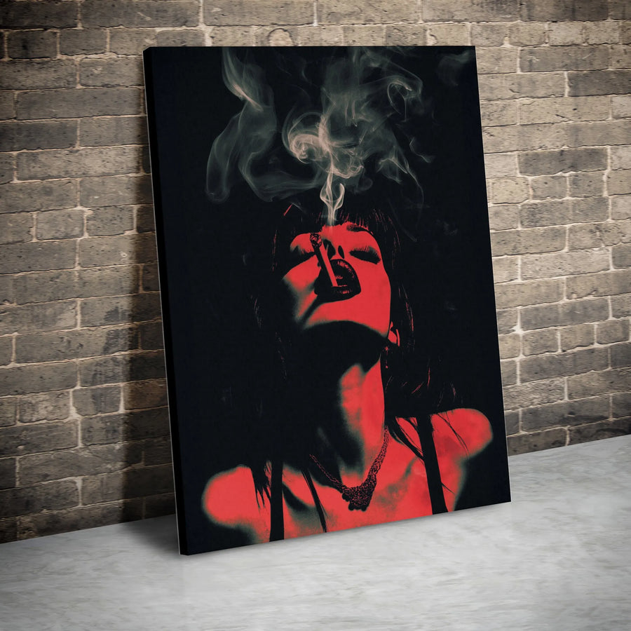 Woman Smoking Canvas Wall Art | Red and Black Noir Aesthetic | 1.25 Inch Premium Gallery Wrap | Edgy Home Decor Gift