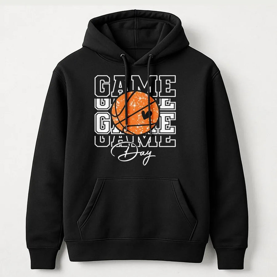 Basketball Game Day Hoodie | Glitter Basketball Heart Graphic | Premium Cotton-Poly Blend | Cute Basketball Mom Gift For Her