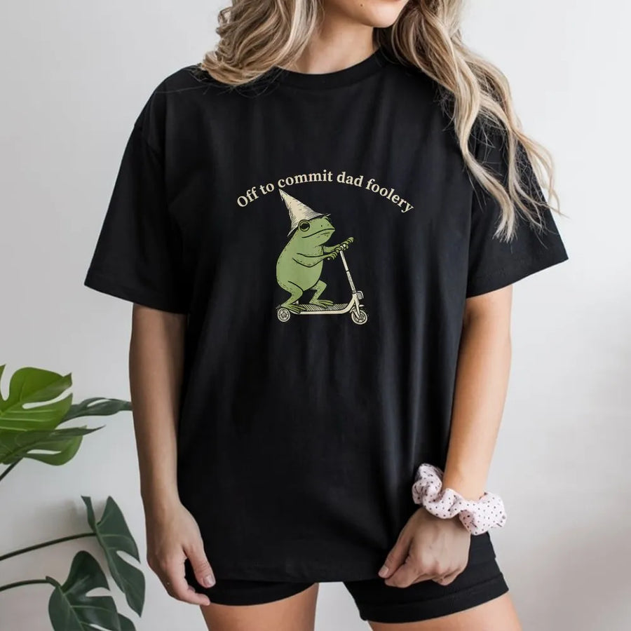 Dad Foolery T-Shirt | Funny Frog on Scooter Graphic Crewneck | Soft Cotton Blend | Humorous Gift For Dad, Fathers Day