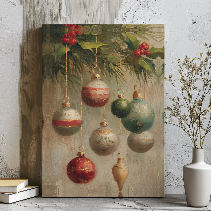 Vintage Christmas Ornaments Wall Art | Classic Oil Painting Style Holiday Decor | Premium Gallery Wrap Canvas | Festive Home Living Room Gift