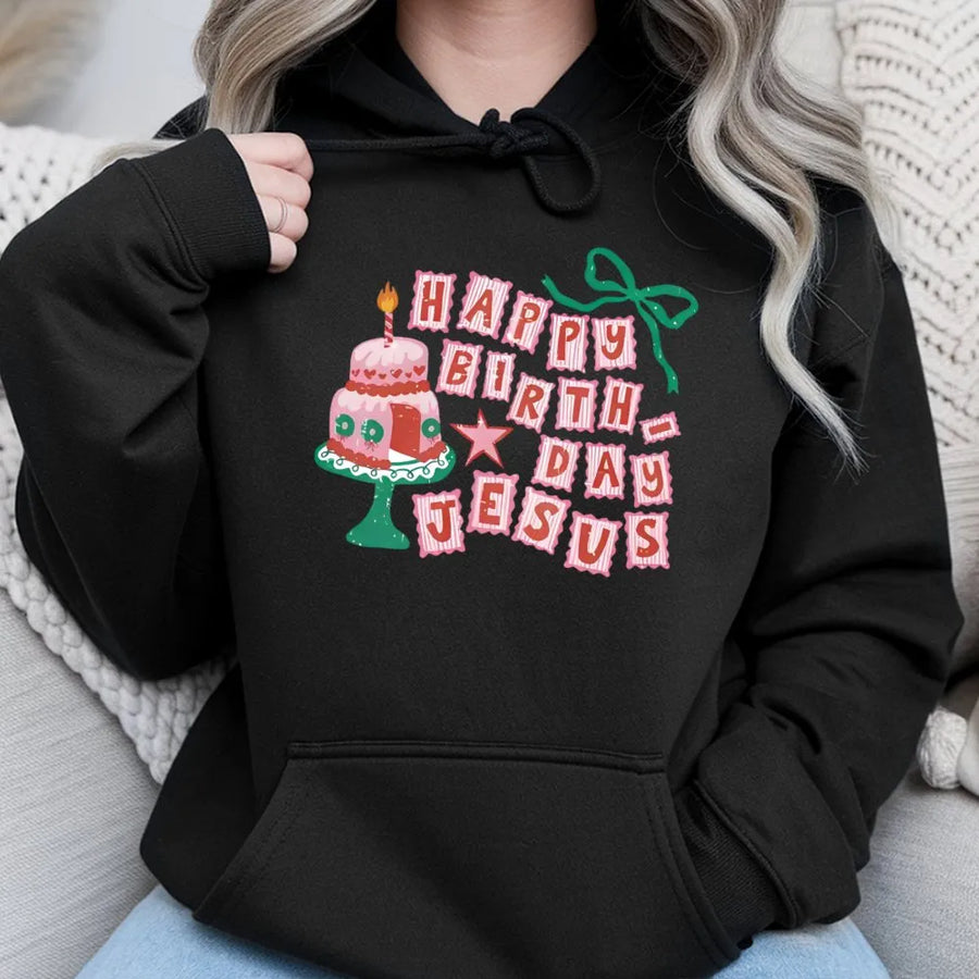 Happy Birthday Jesus Hoodie | Retro Christmas Cake Graphic | Premium Cotton Blend Unisex Sweatshirt | Festive Christian Holiday Gift