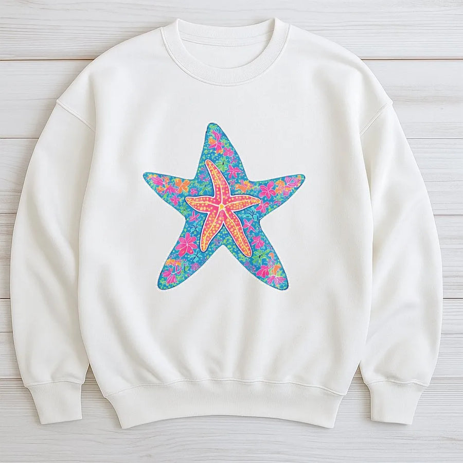Preppy Starfish Sweatshirt | Colorful Coastal Floral Graphic | Soft Cotton Blend Crewneck | Unisex Summer Vacation Gift