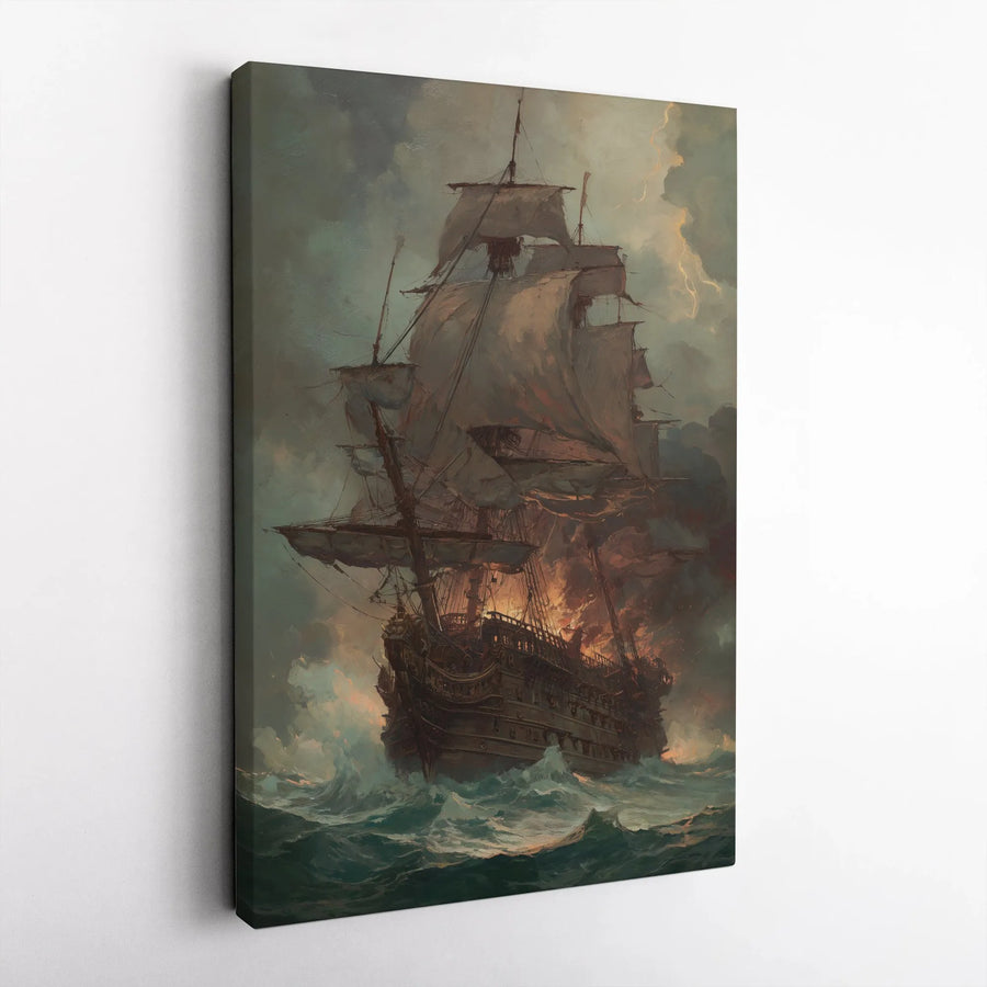 Burning Ship Wall Art | Dramatic Stormy Ocean Canvas Print | 1.25-Inch Gallery Wrapped Canvas | Nautical Home Decor Gift for Sea Lovers