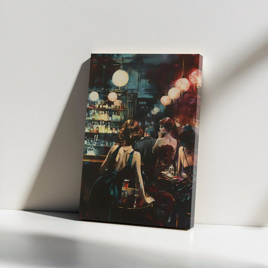 Vintage Speakeasy Vertical Canvas | Retro Moody Bar Scene Painting Print | Premium 1.25” Gallery Wrap | Sophisticated Home Bar Gift for Lounge Decor