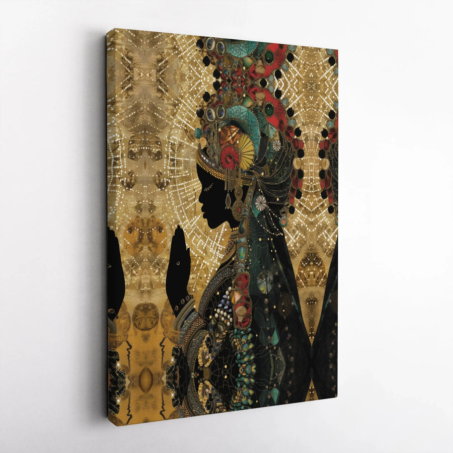 African Queen Wall Art | Ornate Gold Headdress Canvas Print | Premium Gallery Wrapped Decor | Spiritual Afrocentric Home Gift