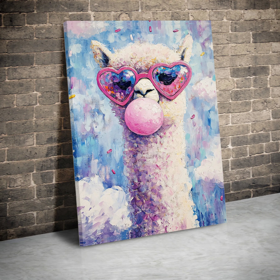 Llama Wall Art Canvas | Cute Alpaca Blowing Bubble Gum with Heart Sunglasses | Premium Texture Gallery Wrap | Whimsical Nursery or Office Decor