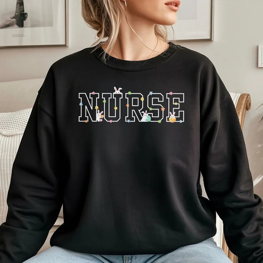 Easter Nurse Sweatshirt | Cute Bunny & Egg Graphic Tee | Premium Cotton Shirt | Holiday Work Gift for RN, LPN, NICU Nurse