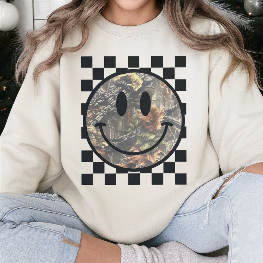 Camo Smiley Face Sweatshirt | Retro Checkered Happy Face Print | Premium Cotton Blend | Aesthetic Unisex Gift for Women and Men