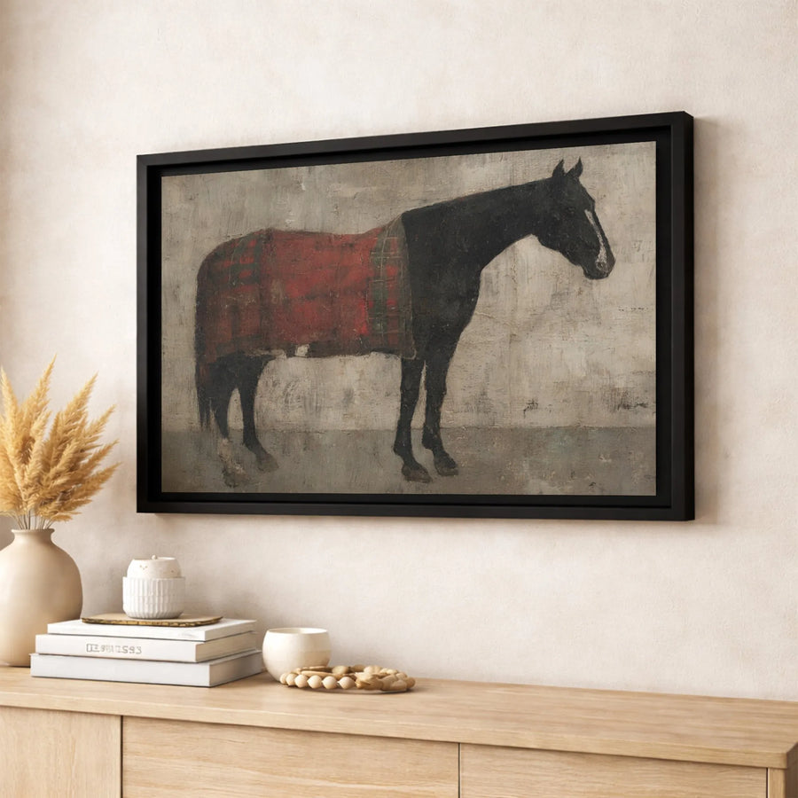 Black Horse Wall Art | Rustic Equestrian Painting with Red Blanket | Premium Gallery Wrapped Canvas | Farmhouse Home Decor for Horse Lovers