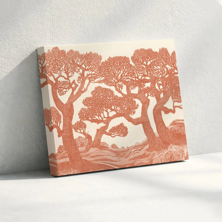 Terracotta Landscape Canvas Wall Art | Ancient Tree Grove Print | Gallery-Quality Framed or Unframed | Modern Minimalist Home Decor Gift