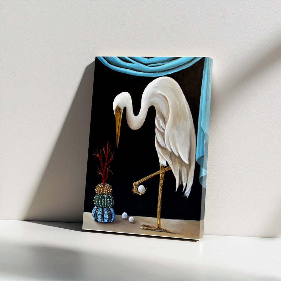 Great Egret and Pearl Vertical Canvas | Surreal Wildlife Painting Print | Premium Gallery-Wrapped Art | Unique Collector's Gift for Home Decor