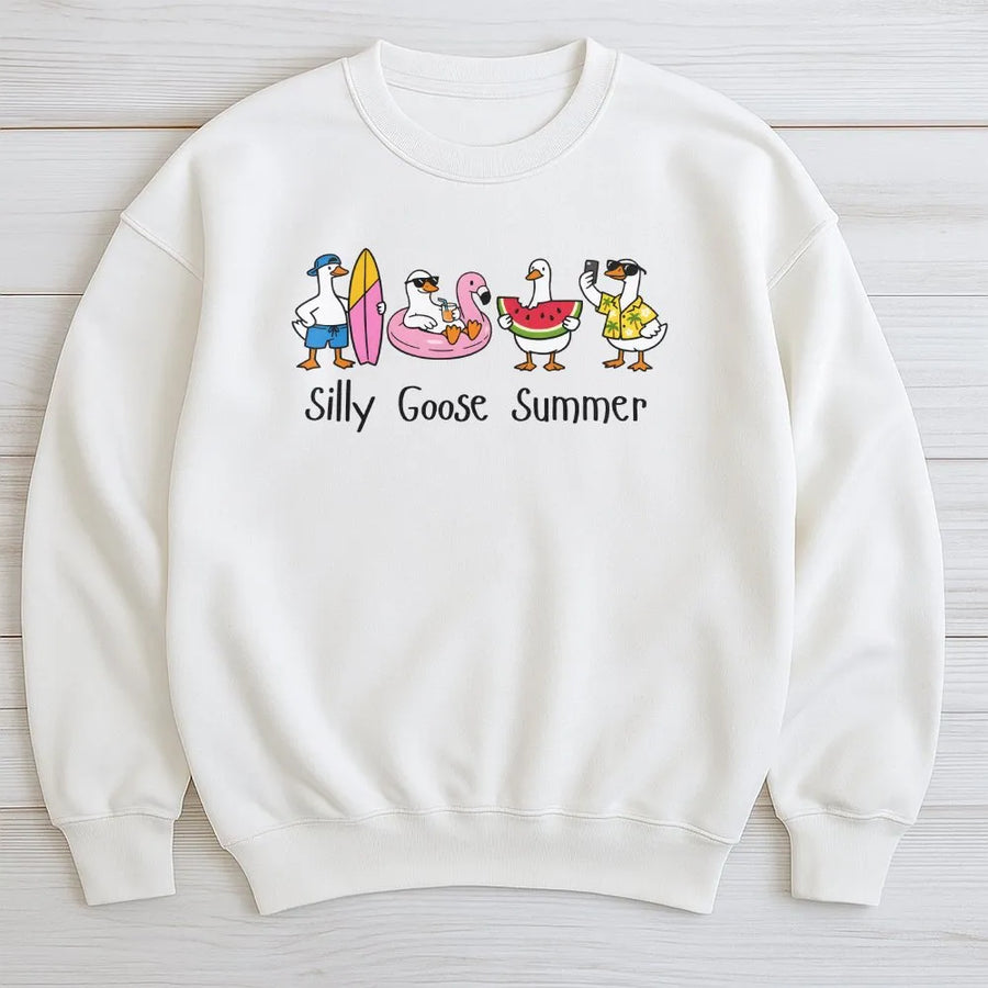 Silly Goose Summer Sweatshirt | Cute Cartoon Beach Geese Graphic | Soft Unisex Pullover | Funny Novelty Gift for Goose Lovers