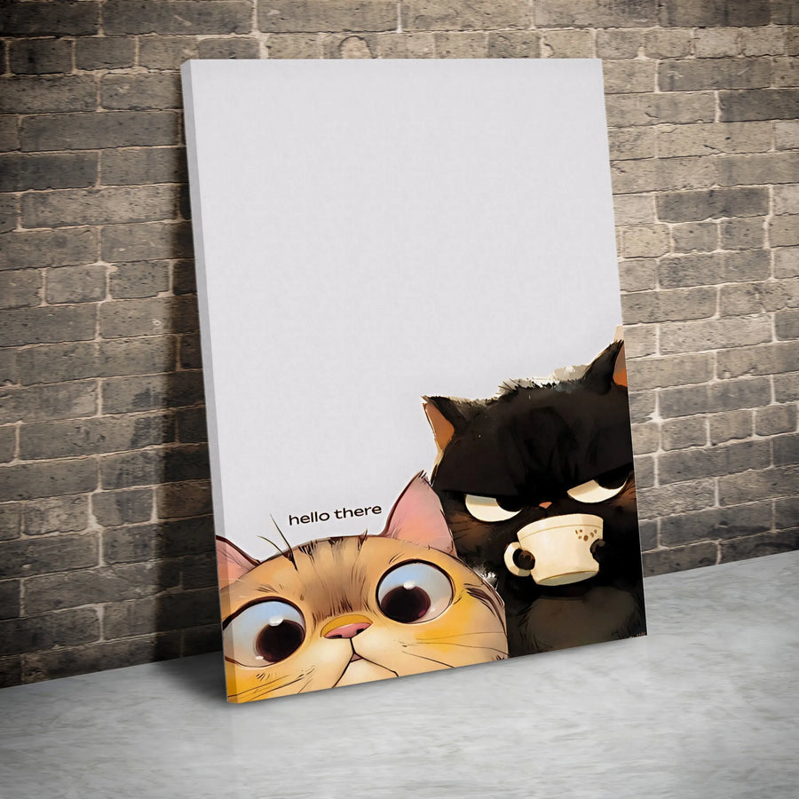 Cute Cat Coffee Canvas Wall Art | Funny Grumpy Kitten Cartoon Portrait | Premium Gallery Wrapped Print | Gift for Cat Lovers & Coffee Addicts