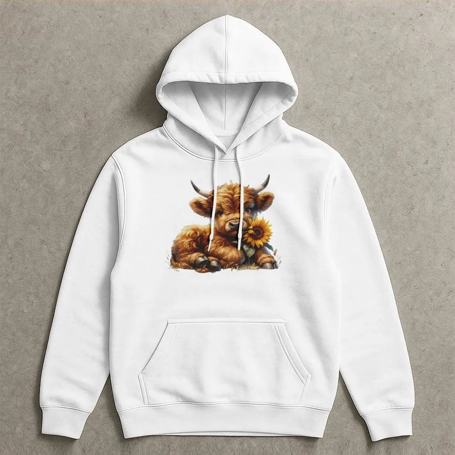 Highland Cow Hoodie | Cute Baby Cow with Sunflower Graphic | Premium Soft Unisex Pullover | Farm Animal Lover Gift for Her