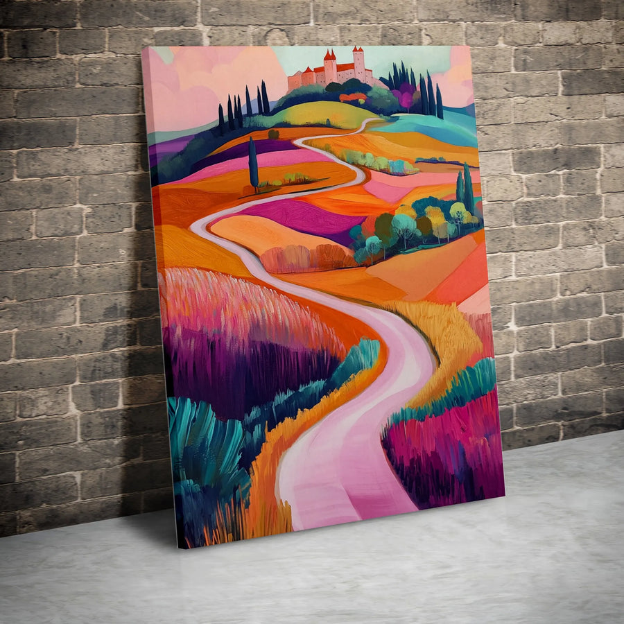 Tuscan Landscape Canvas Print | Vibrant Winding Road to Castle | Gallery-Grade 1.25" Profile | Premium Art Decor for Home or Office