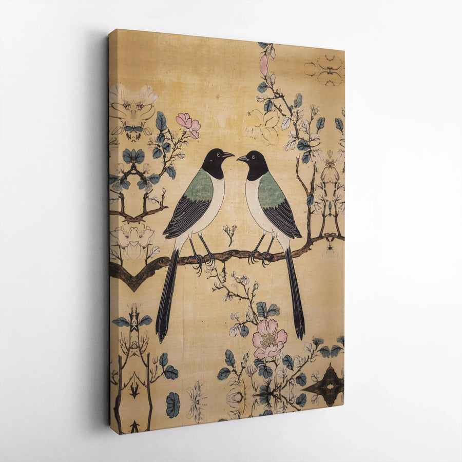 Vintage Magpie Bird Canvas Print | Asian Chinoiserie Floral Branch Art | Premium Gallery Wrapped Wall Decor | Elegant Home Gift For Nature Lovers