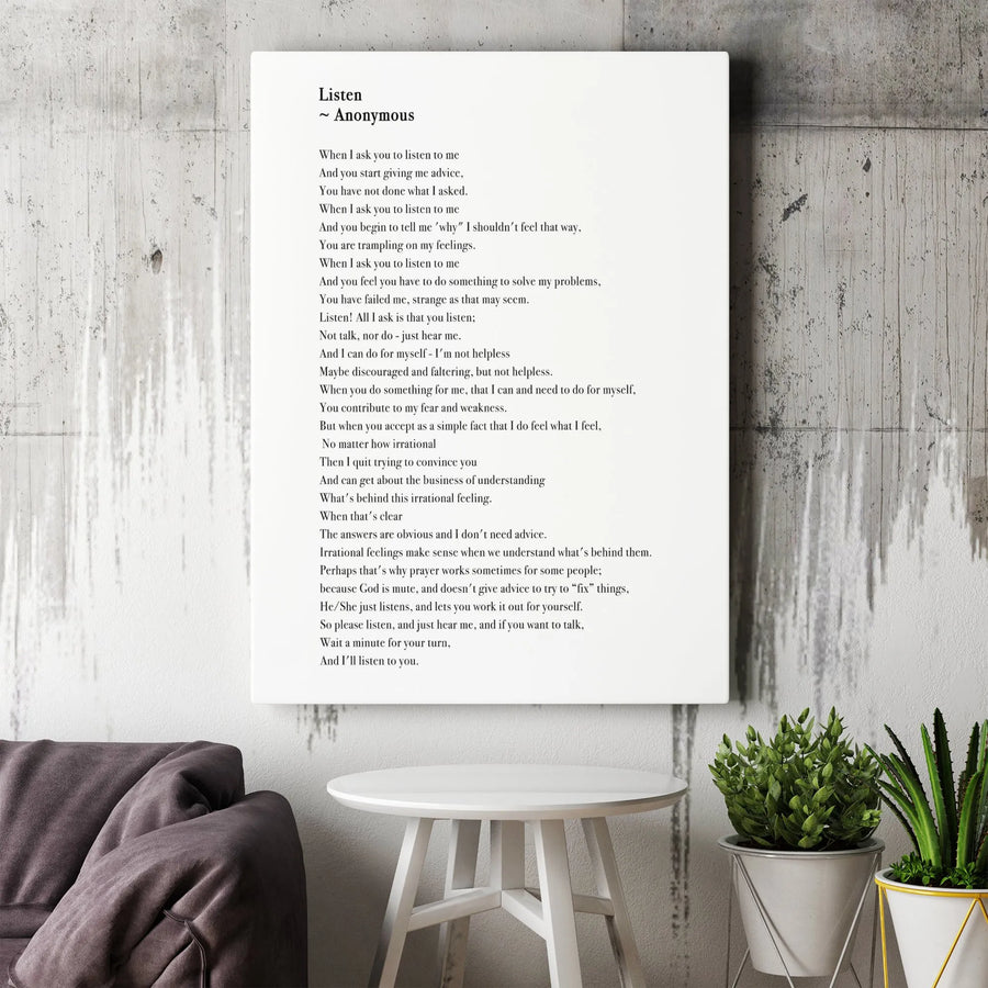 Listen Poem Wall Art | Anonymous Inspirational Verse | Premium Gallery Wrapped Canvas | Therapy Office Decor & Meaningful Mental Health Gift