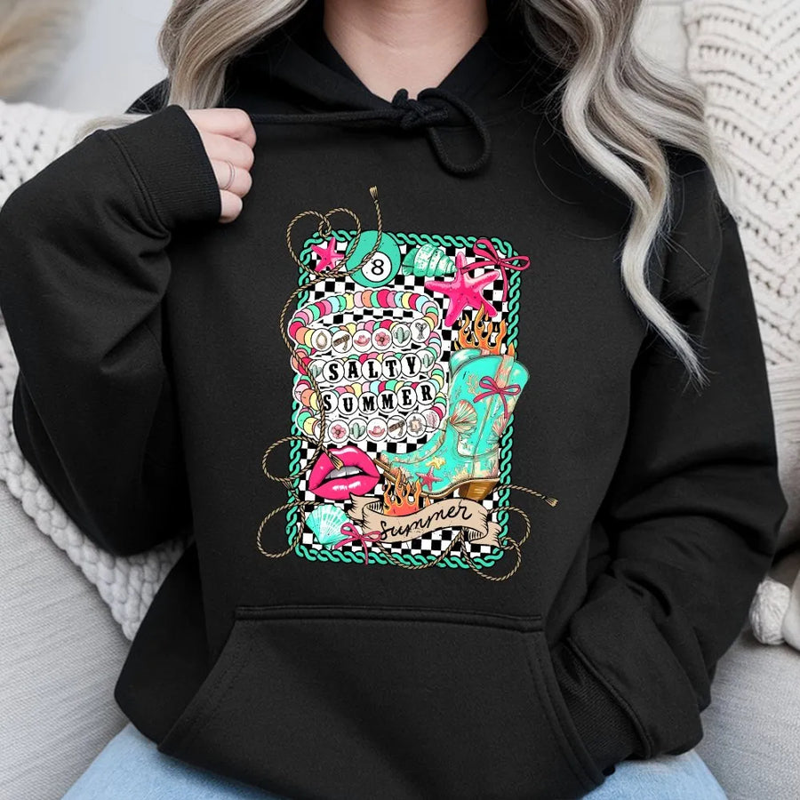 Coastal Cowgirl Hoodie | Salty Summer Western Beach Graphic | Premium Cotton | Gift for Her Summer Festival Top