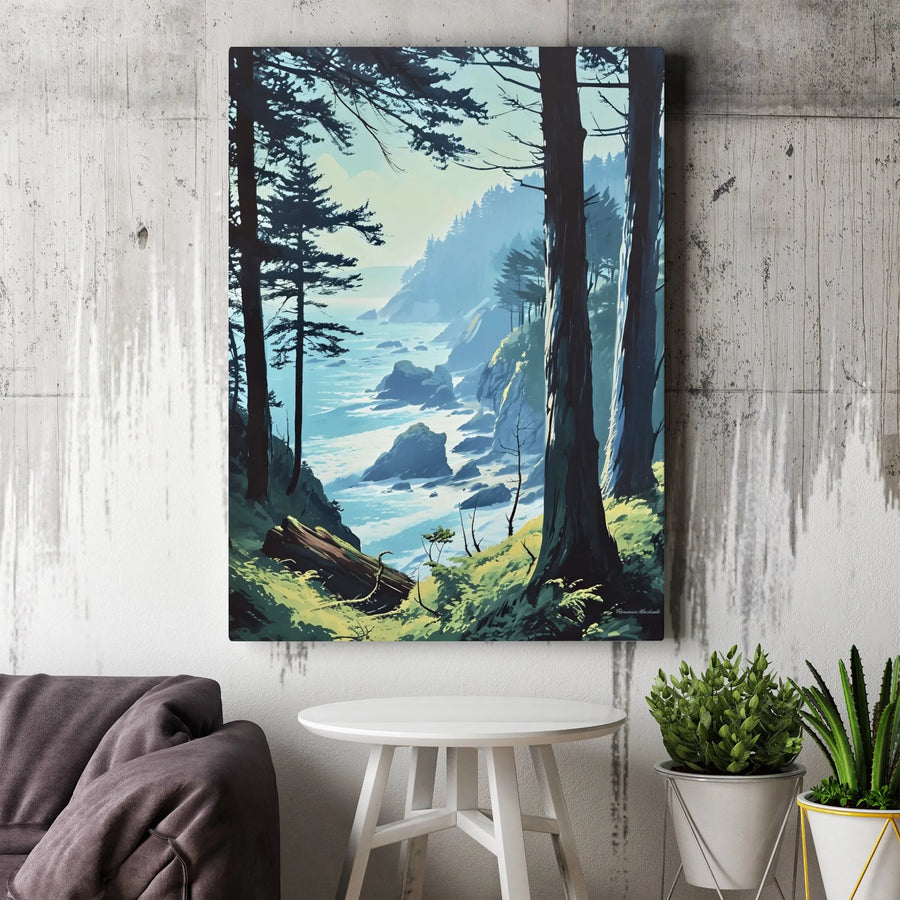 Pacific Coastline Canvas Print | Rocky Forest Cliffside Landscape | 1.25 Inch Gallery Wrap | Nature Wall Art for Home Office Decor