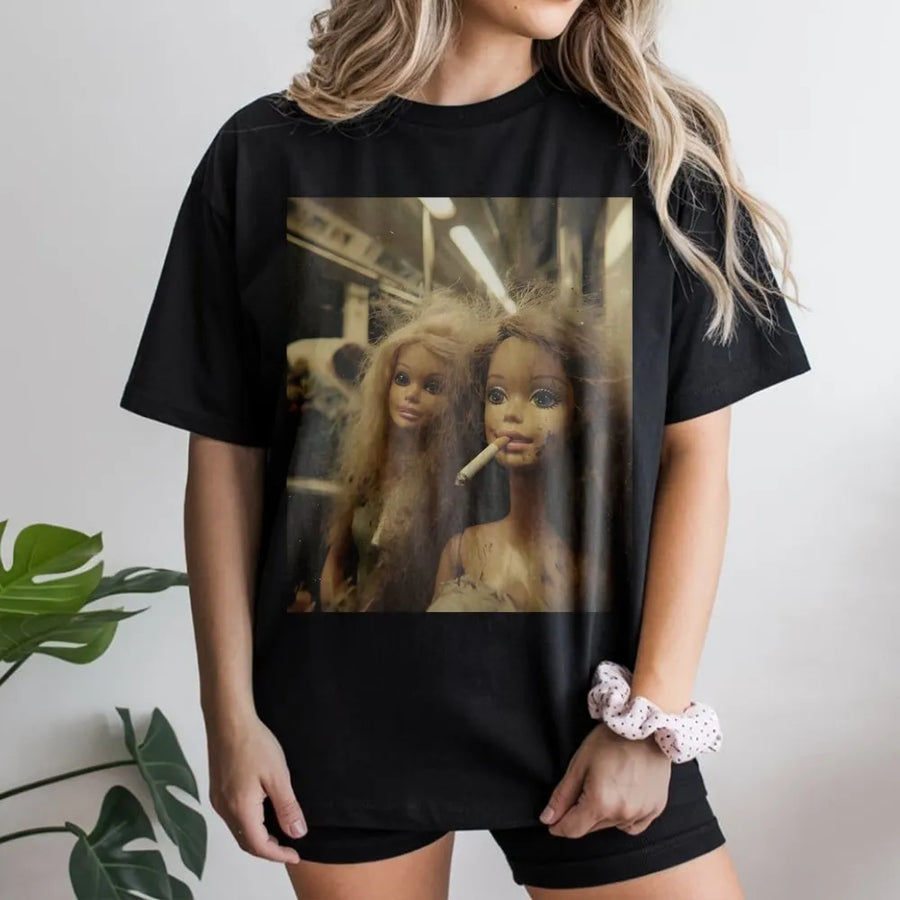 Smoking Doll Graphic T-Shirt | Edgy Grunge Aesthetic Print | Premium 100% Cotton Tee | Gift for Alternative Streetwear Fans