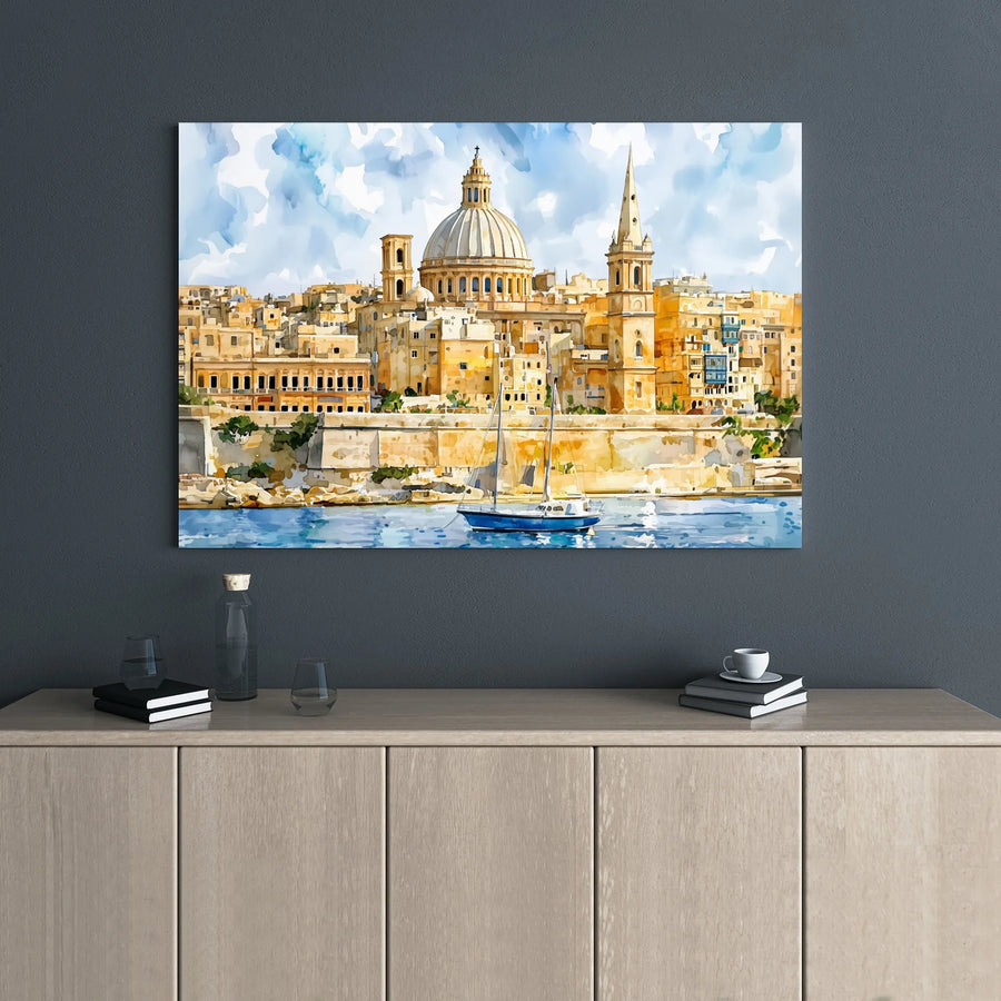Valletta Malta Cityscape Canvas Art | Watercolor Mediterranean Harbour Scene | 1.25” Gallery Wrap Frame | Premium Travel Wall Decor Gift