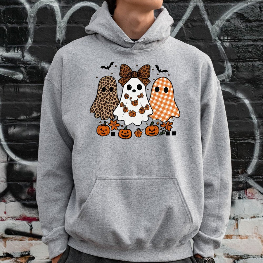 Cute Ghost Halloween Hoodie | Leopard and Plaid Ghost Graphic | Soft Cotton-Polyester Blend | Spooky Season Gift for Women and Teens