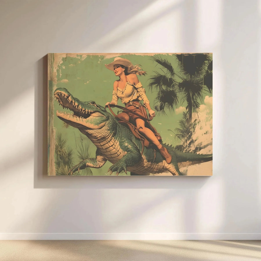 Cowgirl Riding Alligator Wall Art | Vintage Retro Illustration | Premium Gallery Wrapped Canvas | Unique Western Home Decor Gift
