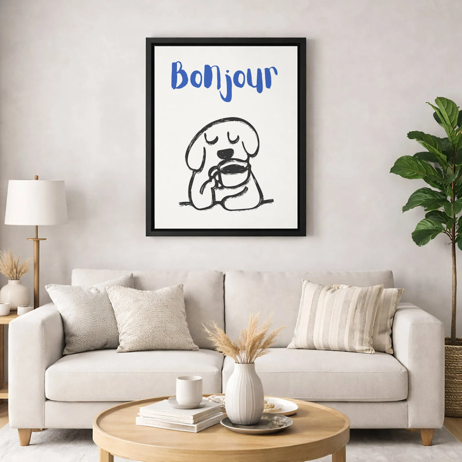 Bonjour Dog Coffee Canvas Wall Art | Whimsical Minimalist Animal Sketch | Premium Fade-Resistant Print | Cute Kitchen or Coffee Bar Decor Gift