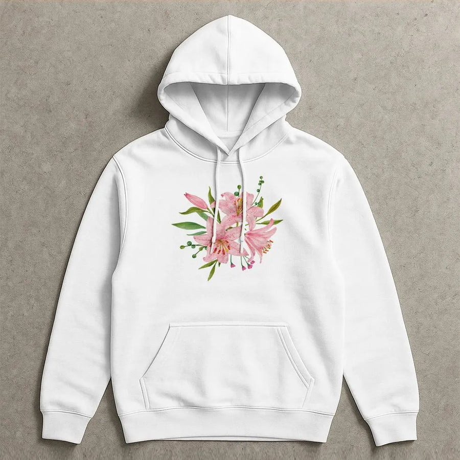 Pink Lily Hoodie | Watercolor Floral Botanical Graphic | Soft Cotton Blend Sweatshirt | Unisex Aesthetic Gardener Gift
